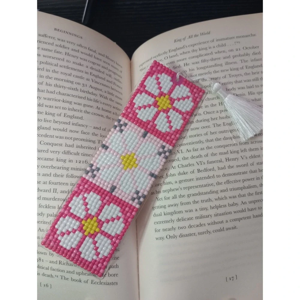 Handmade Diamond Painting Acrylic Bookmark Pink Floral White Tassel 6.5
